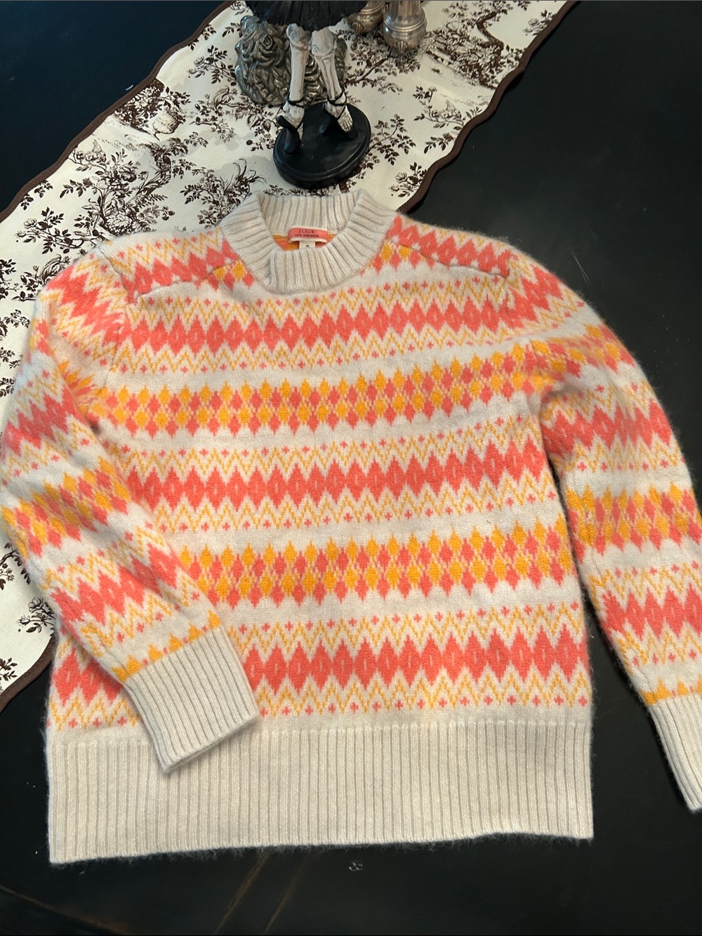 J. Crew Cream Crewneck Sweater with Pink & Yellow Fair Isle Pattern
